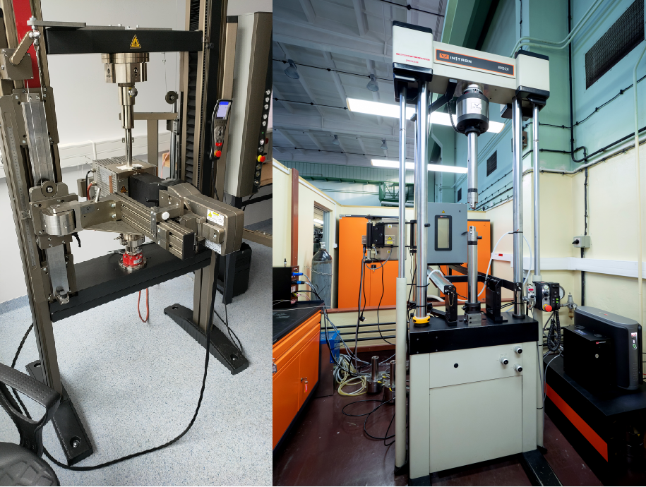 Po lewej: Statyczna maszyna wytrzymałościowa 10 kN wraz z oprzyrządowaniem: piecem oraz ekstensometrem laserowym DIC. Po prawej: Uniwersalna maszyna wytrzymałościowa 100 kN wraz z oprzyrządowaniem: piecem oraz komorą temperaturową 