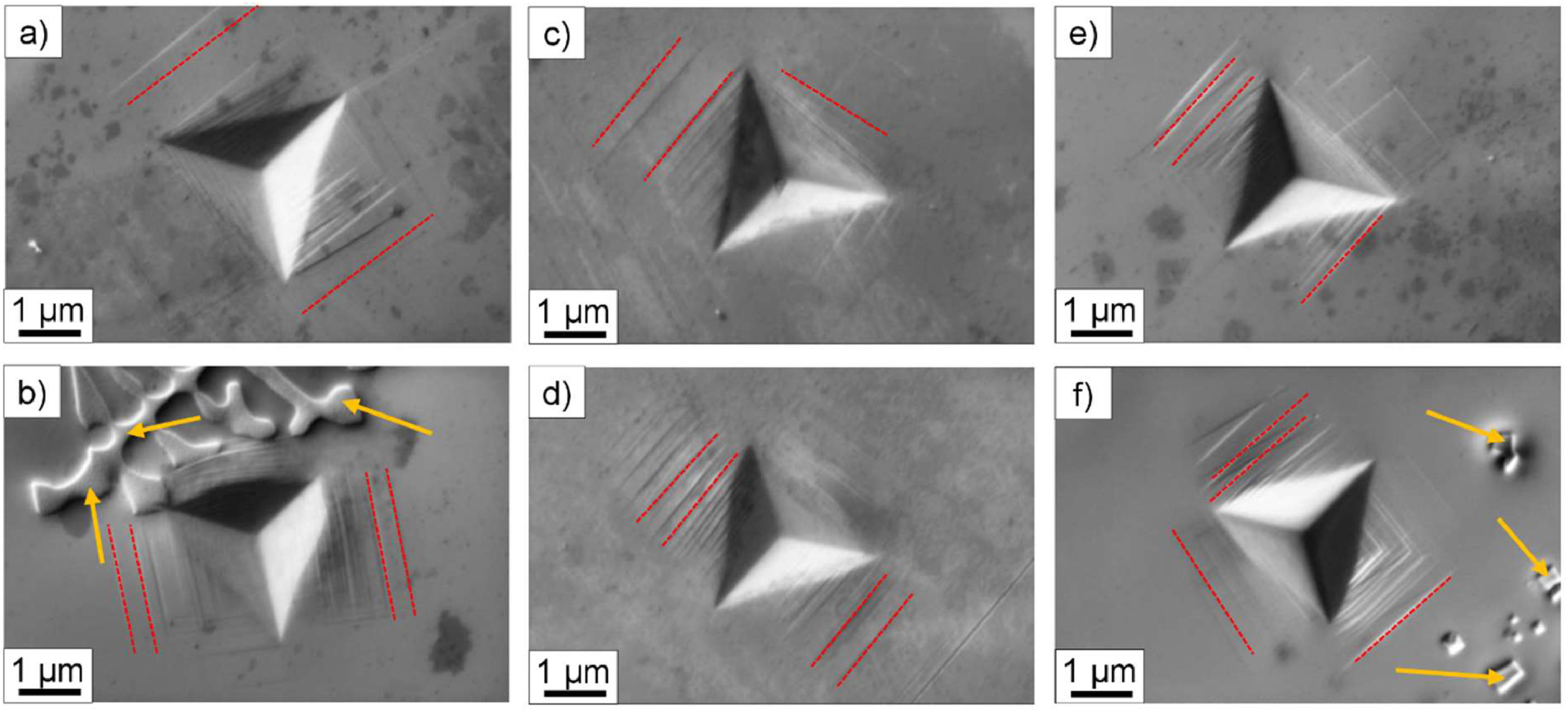 Obrazy próbek po nanoindentacji wykonane przy pomocy skaningowego mikroskopu elektronowego (SEM). Próbki a, c, d przedstawiają materiał przed napromienianiem, próbki b, d, e - po napromienianiu. Widoczne są ślady poślizgu (czerwone linie) oraz powstałe węgliki (wskazywane przez żółte strzałki) Obrazy próbek po nanoindentacji wykonane przy pomocy skaningowego mikroskopu elektronowego (SEM). Próbki a, c, d przedstawiają materiał przed napromienianiem, próbki b, d, e - po napromienianiu. Widoczne są ślady poślizgu (czerwone linie) oraz powstałe węgliki (wskazywane przez żółte strzałki)