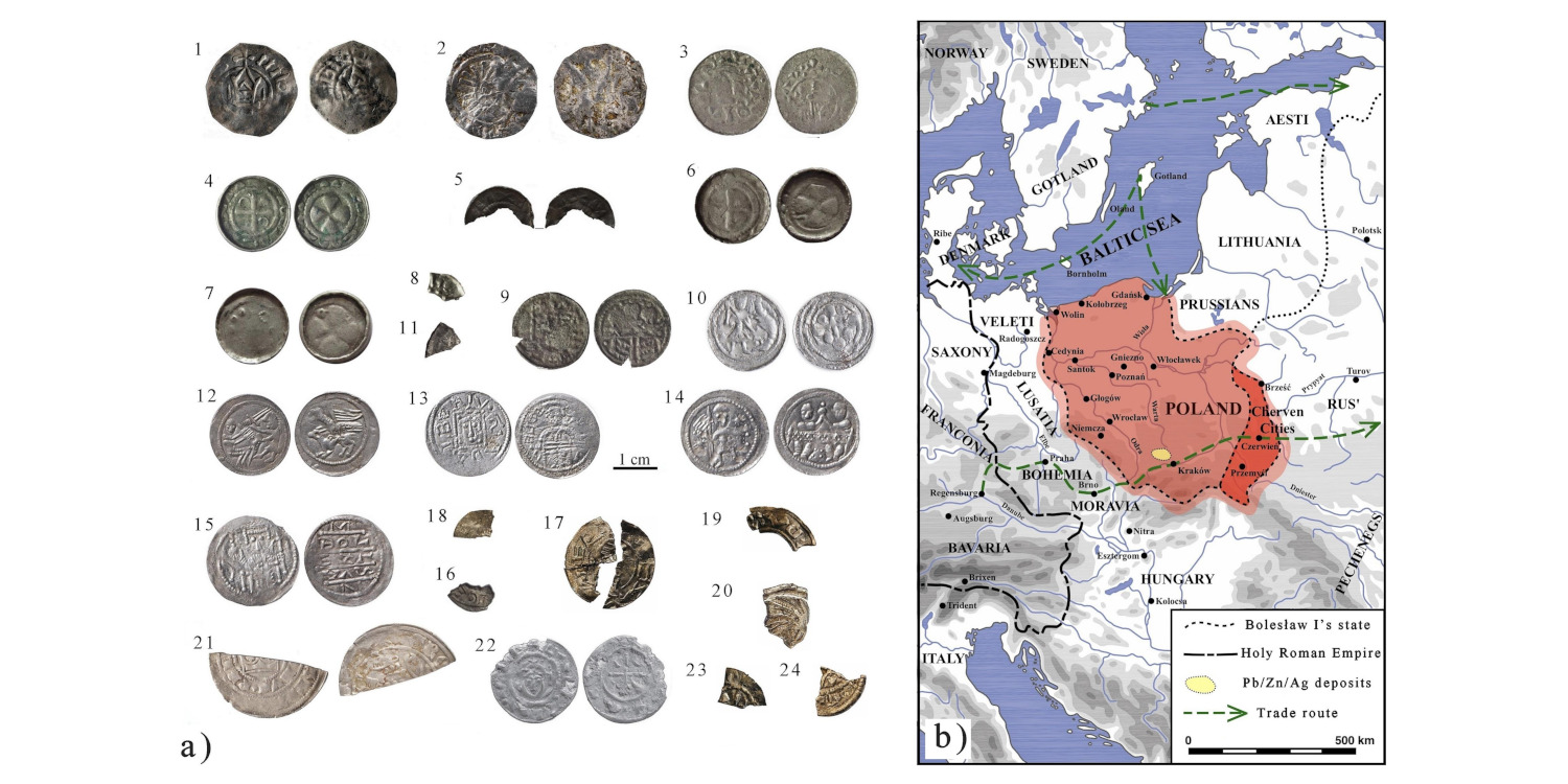 Badane monety oraz mapa Europy Środkowej w czasach Bolesława Chrobrego. Źródło: https://doi.org/10.1016/j.jasrep.2026.106113