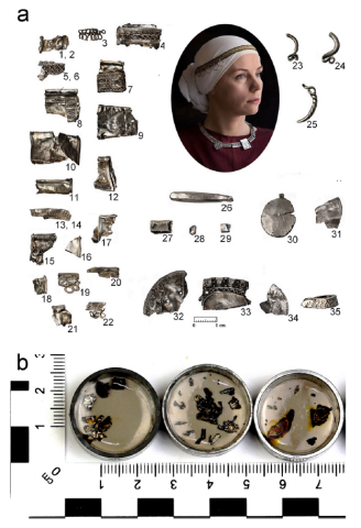 a – elementy skarbu Piaski-Dramino użyte do badań, wraz z rekonstrukcją sposobu noszenia kaptorga pod postacią naszyjnika (rekonstrukcja naszyjnika z Dziekanowic autorstwa G. Pilarczyk/PilarArt, kostium i model - K. Górewicz/Triglav, zdjęcie - J. Kacprzak 1-22: kaptorgi, 23-25: srebrne &quot;druty&quot;, 26-29: srebrne sztabki, 30-35: inne srebra; b - badane pod kątem rozpoznania techniki obróbki odpady ozdób przygotowane do analizy mikroskopowej (destrukty zatopione w żywicy)