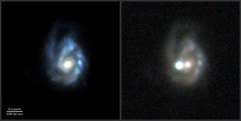 Superjasna supernowa SN 2027egm została odkryta 23 maja 2017 r. w ramach misji Gaia Europejskiej Agencji Kosmicznej. Wybuchła ona w masywnej galaktyce spiralnej NGC 3191, której zdjęcie sprzed wybuchu widoczne jest po lewej stronie. Zdjęcie po prawej stronie, wykonane 1 lipca 2017 r., pokazuje supernową, której jasność przewyższa jasność całej galaktyki. Źródło: Lewa strona: SDSS, PS1. Prawa strona: NOT+ALFSOC/Bose et al. 2020 
