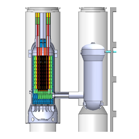 Grafika: Przekrój projektowanego reaktora. Na czerwono są oznaczone bloki rdzenia z kanałami paliwowymi, na pomarańczowo – bloki reflektora z kanałami chłodzącymi, na żółto – bloki reflektora z kanałami na pręty regulacyjne, na zielono – pozostałe bloki reflektora, na niebiesko – bloki reflektora stałego. Obok reaktora znajduje się zbiornik ciśnieniowy wytwornicy pary. (Źródło: NCBJ)