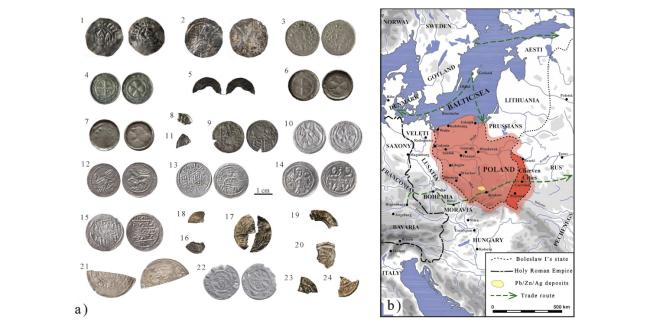 Badane monety oraz mapa Europy Środkowej w czasach Bolesława Chrobrego. Źródło: https://doi.org/10.1016/j.jasrep.2026.106113