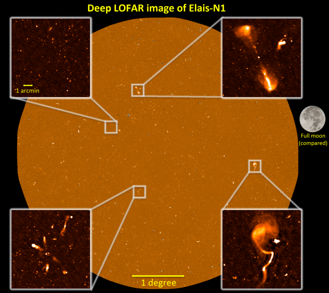 Zdjęcie przedstawia najgłębszy obraz LOFAR-a, jaki kiedykolwiek wykonano, w rejonie nieba zwanym "Elais-N1".