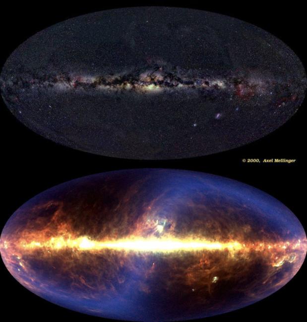 Dwa zdjęcia Drogi Mlecznej: w pasmie widzialnym i w podczerwieni