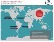 Propozycje lokalizacji naziemnych obserwatoriów astronomicznych do obrazowania atmosferycznych błysków promieniowania Czerenkowa w projekcie CTA (źródło: phys.org)