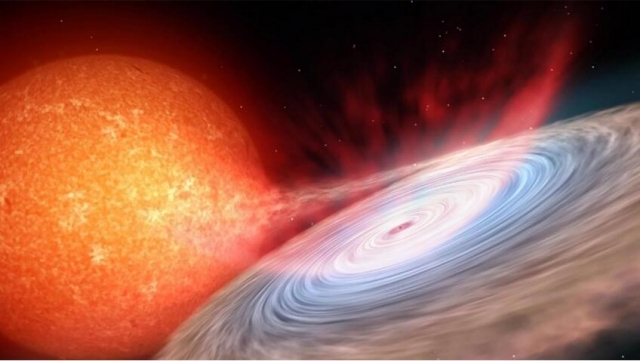Wizja artystyczna układu podwójnego składającego się z gwiazdy neutronowej i gwiazdy o masie mniejszej niż masa Słońca.