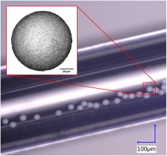 Mikrosfery Y2O3 przygotowane metodą sol-gel umieszczono w kwarcowej kapilarze. Pokazano pojedynczą mikrosferę Y2O3 przygotowaną metodą sol-gel, powiększenie 150x.