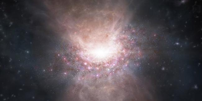 Artist’s impression of an outflow of molecular gas from the quasar J2054-0005 (Credit: ALMA (ESO/NAOJ/NRAO)) Artist’s impression of an outflow of molecular gas from the quasar J2054-0005 (Credit: ALMA (ESO/NAOJ/NRAO))