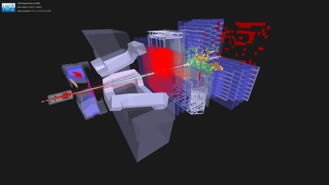 Wizualizacja zderzenia proton-proton zarejestrowanego w eksperymencie LHCb podczas tzw. Run 3 w 2022 roku. Źródło: CERN Wizualizacja zderzenia proton-proton zarejestrowanego w eksperymencie LHCb podczas tzw. Run 3 w 2022 roku. Źródło: CERN
