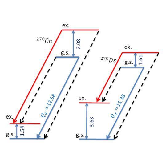 Schemat rozpadu alfa siostrzanych jąder 270Ds i 270Cn z uwidocznionymi przejściami pomiędzy stanami o analogicznej strukturze (oznaczonymi na czerwono). Długość lini przejścia związana jest ze stabilnością stanu. Im dłuższa linia, tym krótszy czas życia czyli szybszy rozpad. Odmienne długości lini uzasadniają wysoką stabilność stanu izomerycznego w 270Ds (krótka linia - dłuższy czas życia) i niską stabilność w 270Cn (długa czerwona linia - krótki czas życia). Odmienne długości lini uzasadniają wysoką stabilność stanu izomerycznego w 270Ds (krótka linia - dłuższy czas życia) i niską stabilność w 270Cn (długa czerwona linia - krótki czas życia).