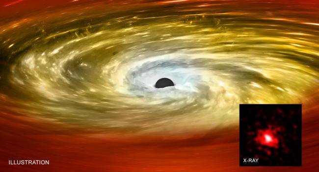 Wizja artystyczna i zdjęcie rentgenowskie galaktyki MRK 1216 typu "red nugget". Źródło: X-ray: NASA/CXC/MTA-Eötvös University/N. Werner et al., Ilustracja: NASA/CXC/M. Weiss Wizja artystyczna i zdjęcie rentgenowskie galaktyki MRK 1216 typu "red nugget". Źródło: X-ray: NASA/CXC/MTA-Eötvös University/N. Werner et al., Ilustracja: NASA/CXC/M. Weiss